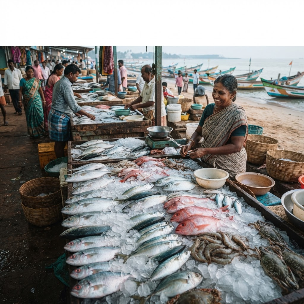 Fresh fish packed on ice from the Tamil Nadu coast